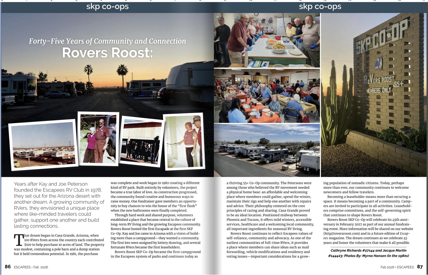Two-page spread titled 'Forty-Five Years of Community and Connection: Rovers Roost' from Escapees Magazine, Fall 2026.